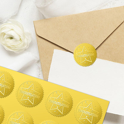 CRASPIRE 408Pcs Congratulations Gold Foil Embossed Stickers 2" Star Self Adhesive Envelopes Embossing Seals Round Labels for Wedding Invitation Corporation Graduation Certificates Diplomas Gift Award