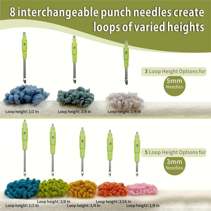 Punch Needle Tool Kit - Ergonomic Handle (Length Adjustable), 8 Interchangeable Needles (5mm/3.5mm), Storage Box with Essential Accessories | Ideal Gift for Beginners