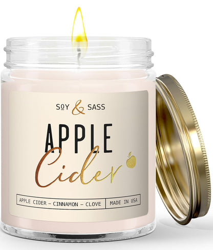 Apple Cider Candle - Fall Scented Candle with Essential Oils - 9oz Reusable Jar, 50Hr Burn, Made in USA