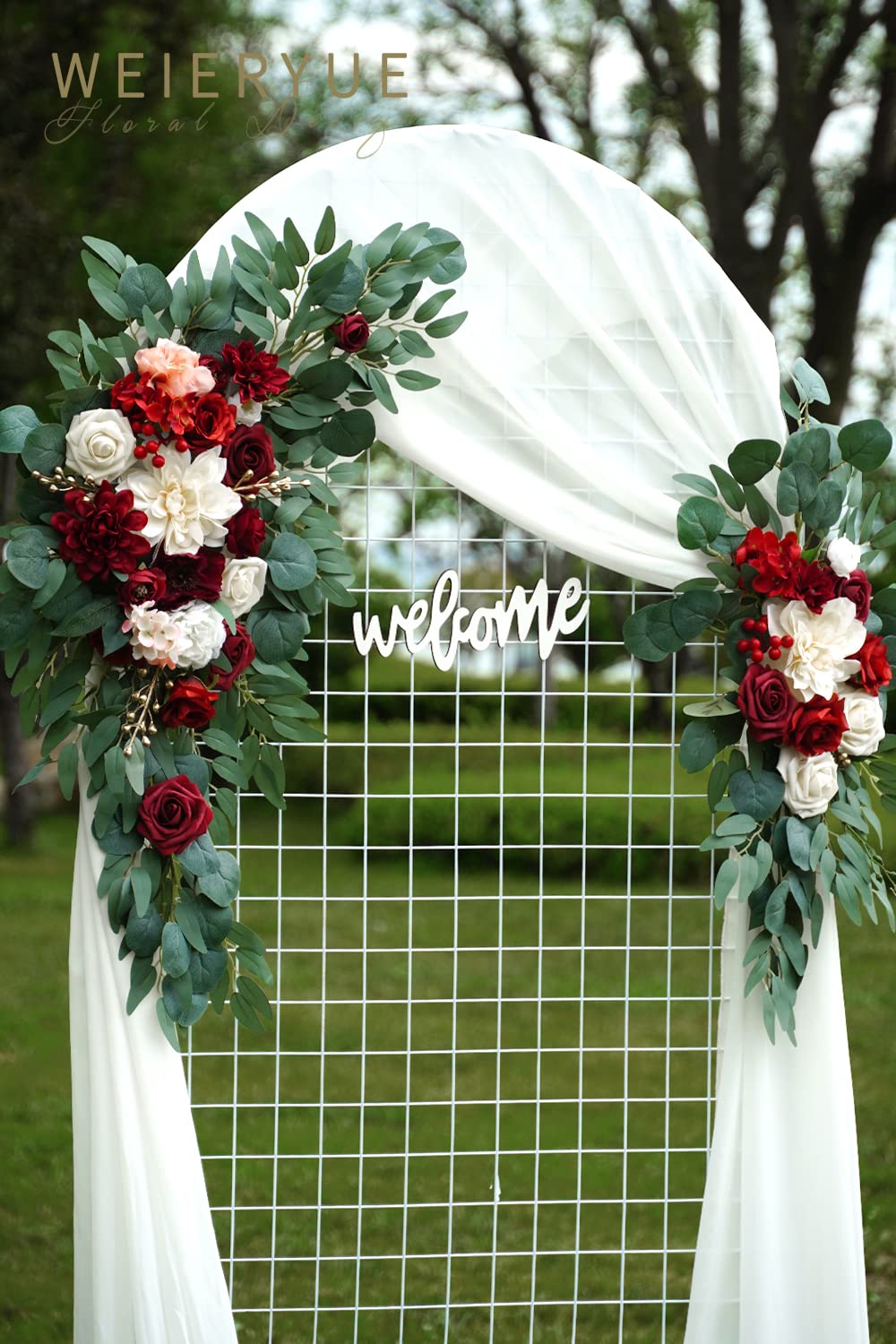 WEIERYUE Artificial Wedding Arch Flowers Kit(Pack of 3),2Pcs Artificial Flower Arch Decor,1Pcs Sheer Drape for Wedding Ceremony Arbor for WeddingCeremony (Burgundy Wedding)