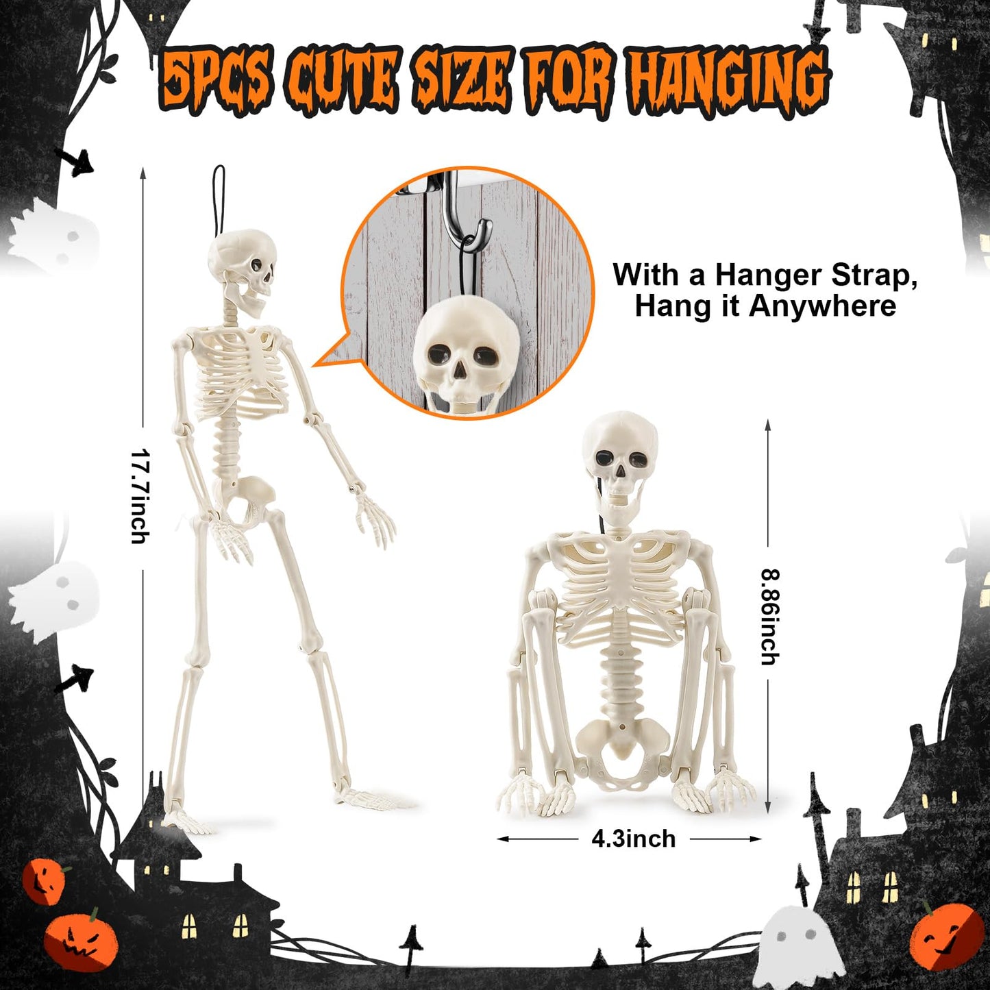 Jeowoqao Skeleton Halloween Decorations, 5Pcs 16inch Full Body Posable Joints Small Skeleton Hanging Skeleton Decor for Halloween Indoor Outdoor Graveyard Haunted House