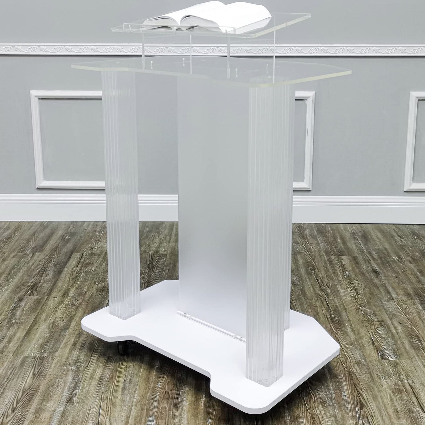 DHXIAMZ Acrylic Podium Stand with Wheels for Restaurants Weddings Offices and Classrooms Wide Reading Surface for Presentations and Lectures