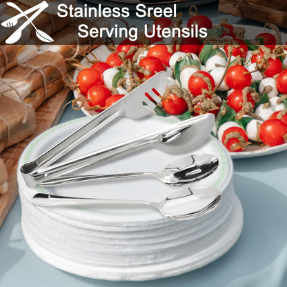 30 Pieces Stainless Steel Large Serving Utensils Set with Serving Spoons, Slotted Serving Spoons, and Serving Tongs Metal Serving Utensils for Parties Buffet Banquet