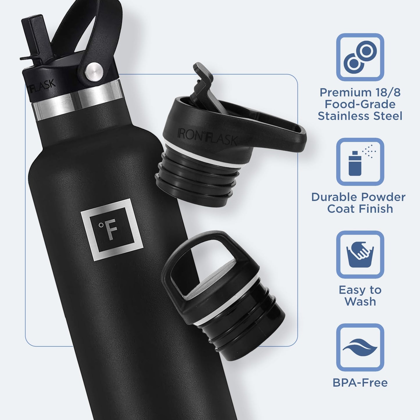 IRON °FLASK Camping & Hiking Hydration Canteens - 3 Lids (Narrow Straw Lid) Leak Proof Vacuum Insulated Stainless Steel - Hot & Cold Double Walled Sports Water Bottle - Midnight Black, 24 Oz