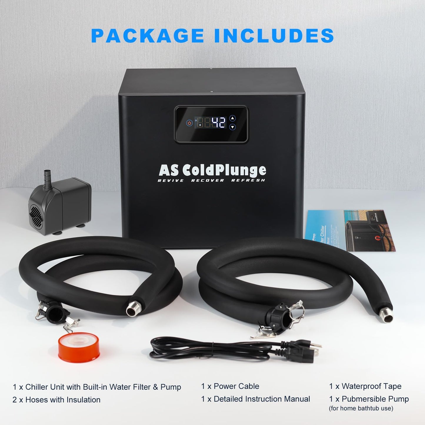 AS ColdPlunge Ice Bath Water Chiller for Cold Plunge Tubs, 1/3 HP Cold Plunge Chiller with Built-in Filter & Pump, Submersible Pump, Insulated Hoses, Ideal for Ice Bath Cold Therapy Recovery 110V