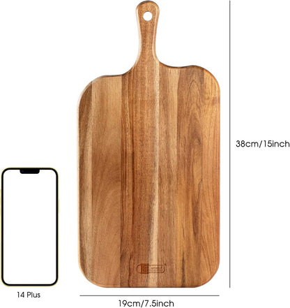 Acacia Wood Serving Board, Cutting Board with Handle, Wooden Cheese Board, Charcuterie Board for Food, 15x7.5x0.6 Inch