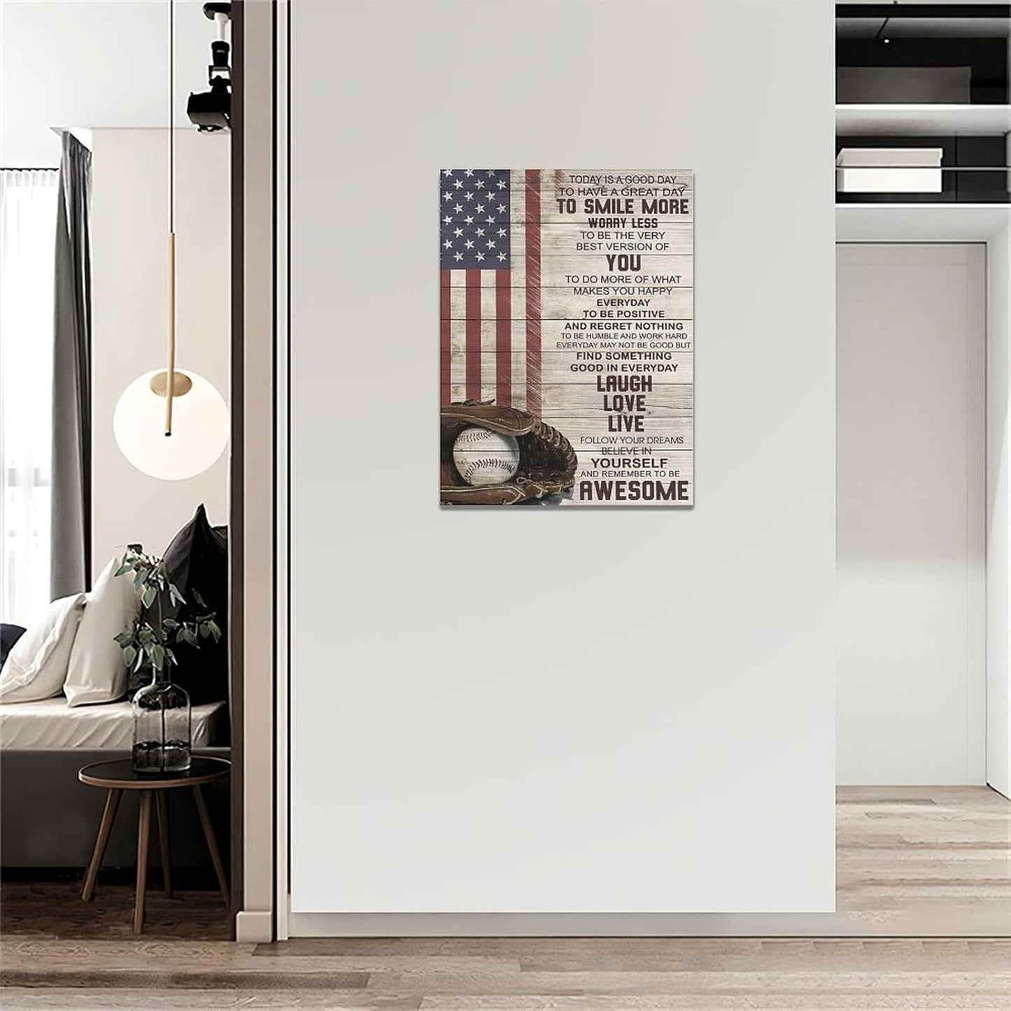 Inspirational Baseball Wall Art - Sport Theme Canvas Prints with American Flag, Motivational Quotes for Home Decor