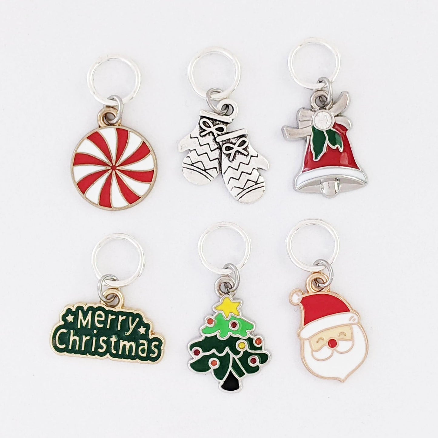 Pretty Warm Designs Christmas Knitting Stitch Markers - Set of 6 Handmade Holiday Enamel Charms in Storage Tin - Snag Free Ring Style Knitting Notions