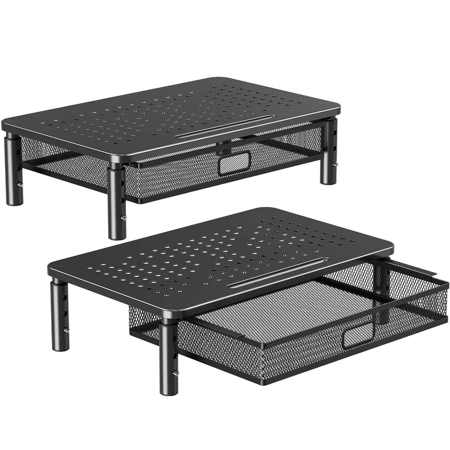 ELIVED 2 Pack Monitor Stand Riser with Drawer, 3 Height Adjustable with Larger Storage Space for Home and Office Supplies, Metal Desktop Stand for Laptop Computer Printer PC iMac