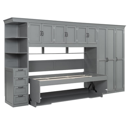 DNYN Murphy Bed with Top Cabinets and Wardrobe, Space-Saving Foldable Wall Bed Frame with Storage Drawers/Shelves/Desk for Bedroom Guest/Study Room, No Box Spring Needed