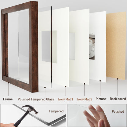 Yaetm 10x10 Square Picture Frame with Double Floating Ivory Mat 4x4, Brown Wood Grain Photo Frame with HD Tempered Glass for Wall Gallery, Home and Office, Wall Mounting, 3 Pack