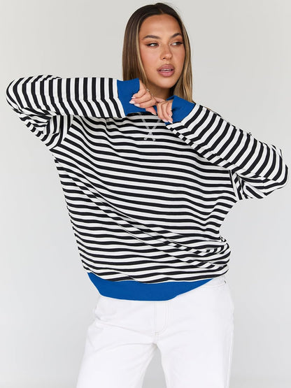 Trendy Queen Oversized Sweatshirt for Women 2025 Fall Crewneck Striped Long Sleeve Shirts Hoodies Cute Top Y2K Outfits