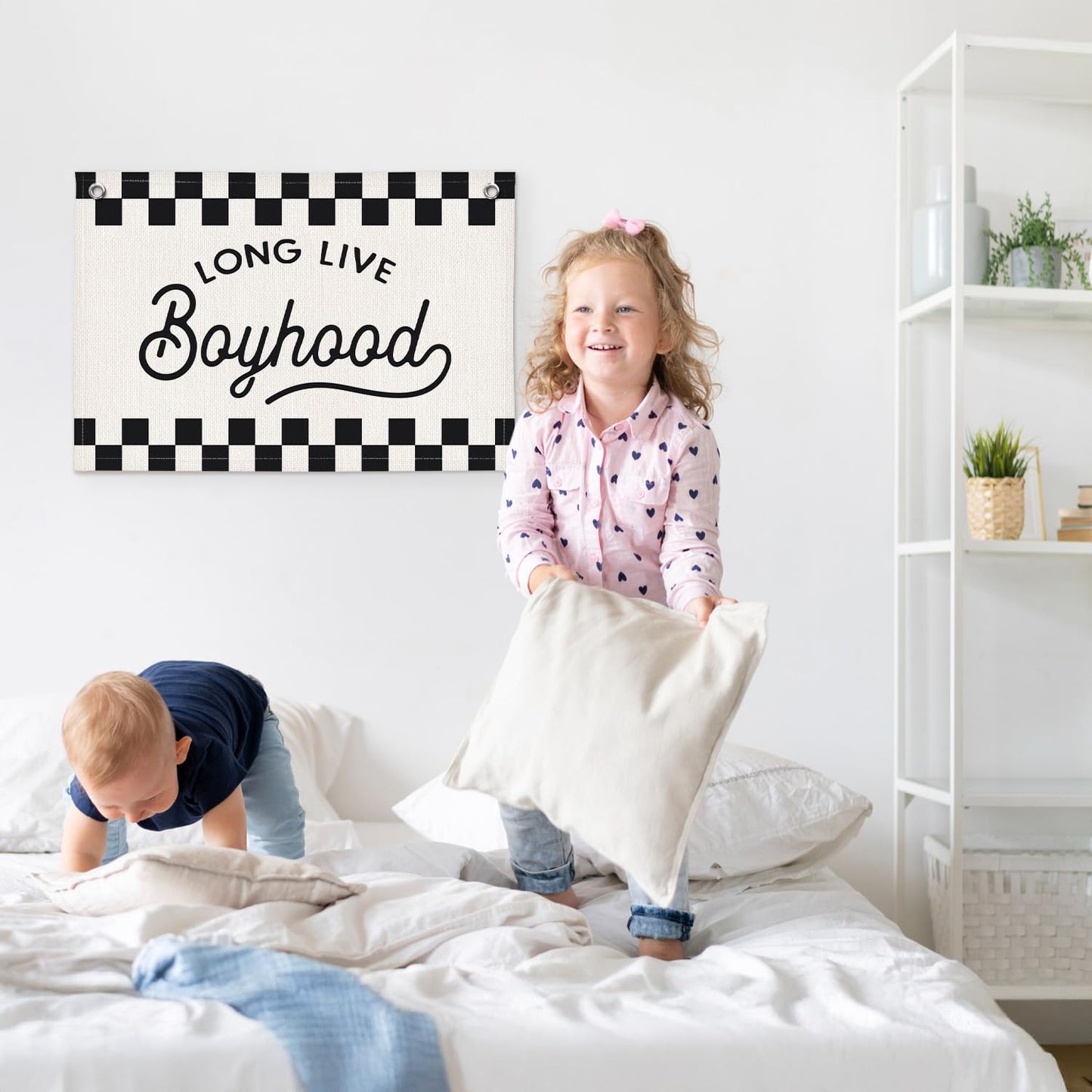 ETVISO Long Live Boyhood Black and White Checkered Boys Room Decor - Cars Room Decor Linen Banner Wall Hanging Canvas Banner Flag Decor for Toddler Boy Bedroom Nursery Playroom Birthday Party