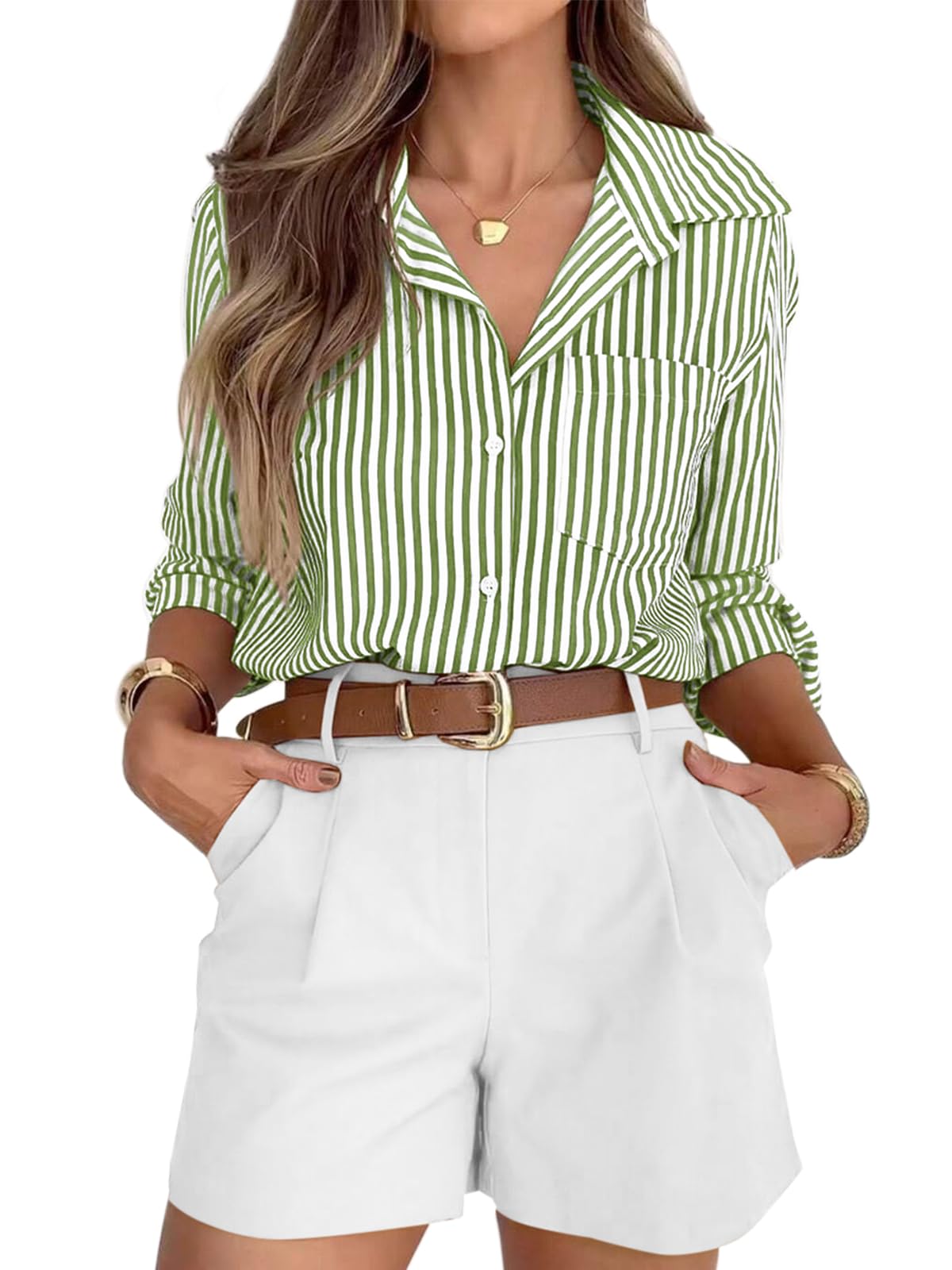 siliteelon Striped Button Down Shirts for Women Dress Shirts Long Sleeve Casual Collared Office Work Shirt with Pocket