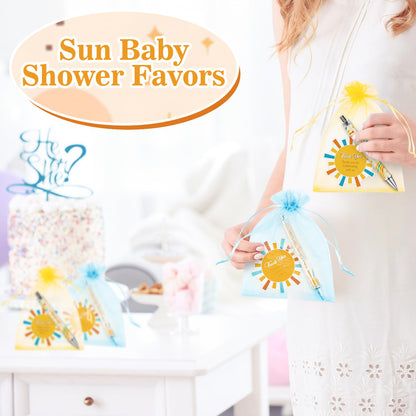 JarThenaAMCS 72Pcs Sun Baby Shower Favor Gifts for Guests Boho Sun Retractable Ballpoint Pens Organza Bags Greeting Cards for Birthday Gender Reveal Souvenirs Prizes
