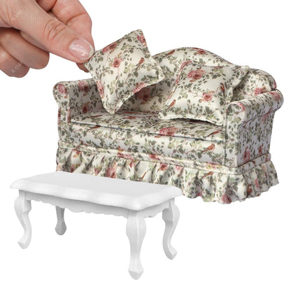 iLAND Dollhouse Furniture of Miniature Couch with Coffee Table the Beautiful Doll House Furniture Set fit 1/12 scale accessories, Elegant Rose and Birds Customized Fabric and Amazing Pleated Handiwork