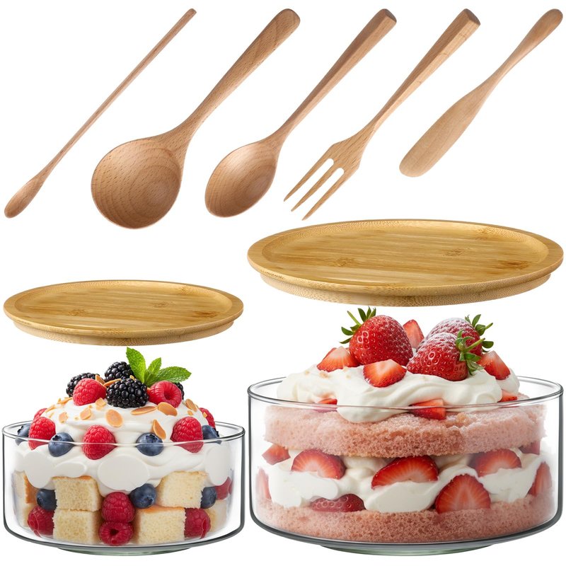 Qinyoung 2 Pack Large Trifle Bowls with Lids 9 Inch and 6.9 Inch Clear Glass Large Salad Bowl for Cake, Baking, Dessert, Fruit and Party DIY with 5 Pcs Wood Serving Utensils, Microwave Dishwasher Safe