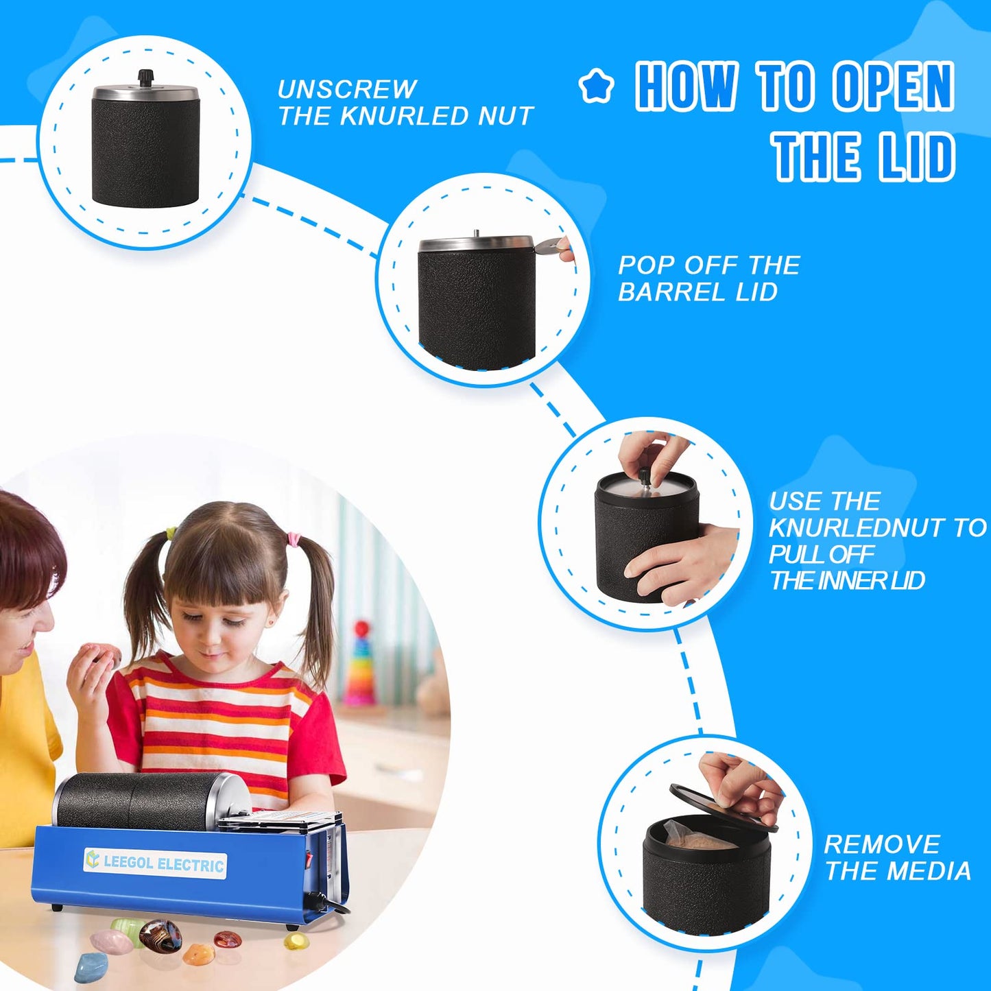 Leegol Electric 6LB Rock Tumbler Kit – Double Drum Rock Polisher for Kids & Adults