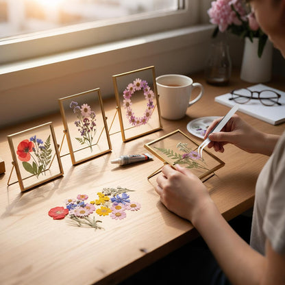 Thyle Flower Frame Pressed Kit, Include 4 Pcs Gold Metal Picture Frames and 140 Pcs Dried Pressed Flowers for Crafts DIY Floating Photo Frame for Tabletop Display, Home Decor, Gifts