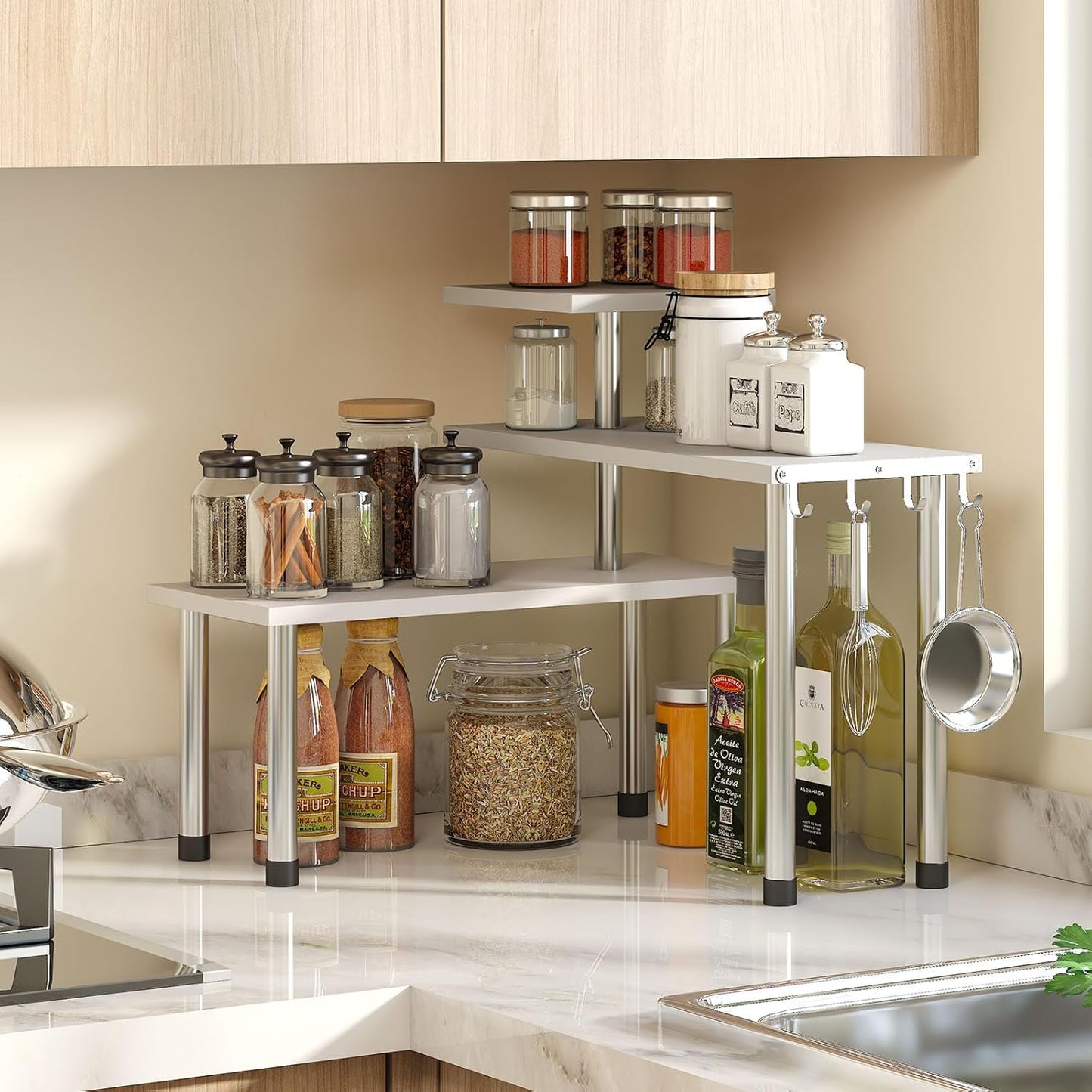GHWIE 3 Countertop Corner Shelf Organizer, Tier Bamboo Kitchen Rack for Living Room, Office, Bookshelf Display Shelves