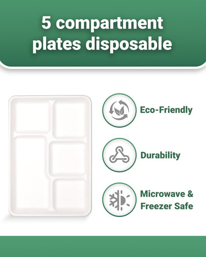 ZOES HOMEWARE 5 Compartment Plates Disposable, 100 Pack, 12.5" X 8.6" 100% Compostable Disposable Paper Plates with Dividers for School Lunch, Party, Buffet, Picnic