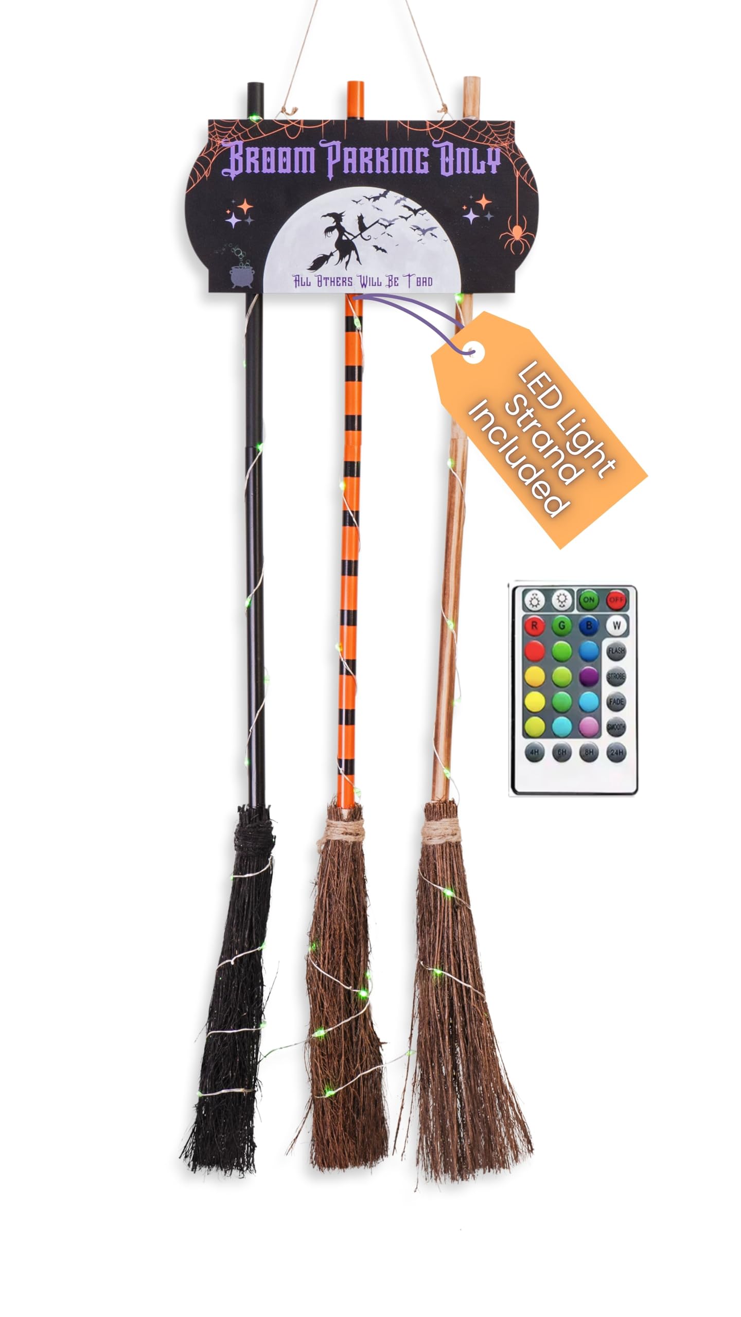 Halloween Decorations with Broom Parking Only Sign - Witch Halloween Theme - Porch Decor - Decorations with Three Witch Broomstick - Wall Decor with Lights