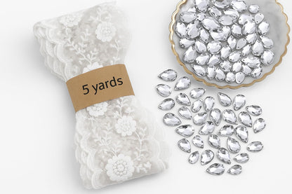 5 Yards White Floral Lace Trim with 25g Rhinestones, Bridal Applique Sewing Kit for Wedding Dress, Veil, Gift Box & DIY Crafts (Ivory)