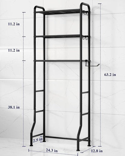 Kitsure Over Toilet Storage Rack - Metal Bathroom Organizer Shelf with Paper Holder & Hooks | Black, 3 Tiers (63.2" H)