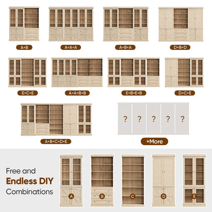 Vyre 70.8" Tall Brown Bookshelf with Glass Doors, Farmhouse Modular Bookcase with 6-Tier Adjustable Shelves, Large Storage Cabinet for Living Room and Home Office