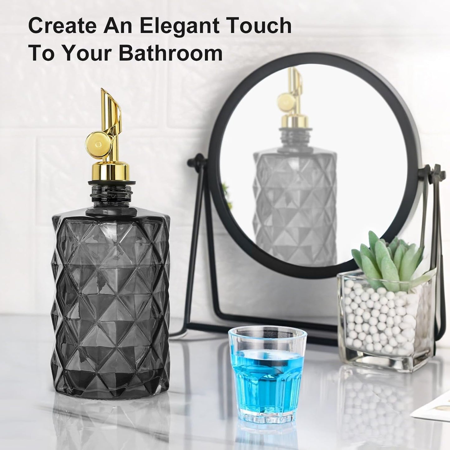 12 OzClear 1 Pack Mouthwash Dispenser for Bathroom, Luxury Diamond Glass Mouth Wash Container, Glass Mouthwash