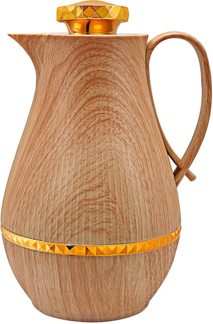 Insulated Thermal Coffee Carafe, 33 oz, Arabic-Style Thermos Flask, Coffee Tea Pot for Hot Cold Water, Wood Color