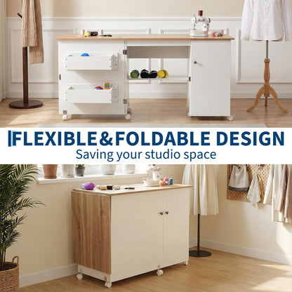 Large Folding Sewing Table, 63" x 19" x 29.5" Multipurpose Portable Craft Station & Side Desk with Compact Design, Caster Wheels, Storage Shelves, 2 Storage Trays, Magnetic Doors, White + Natural