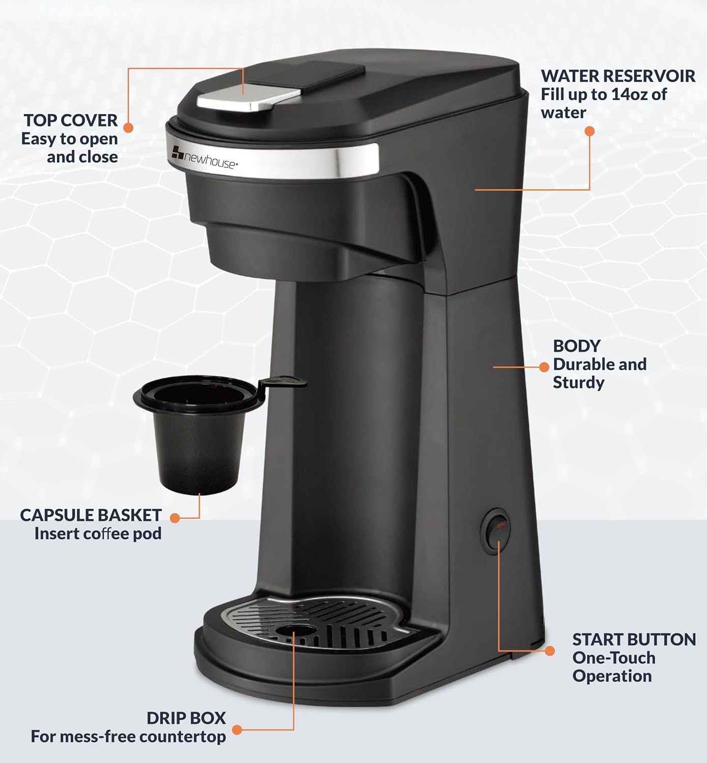 Newhouse Hardware Single Serve Coffee Maker, Compatible with K-Cups and Ground Coffee, Adjustable Tray