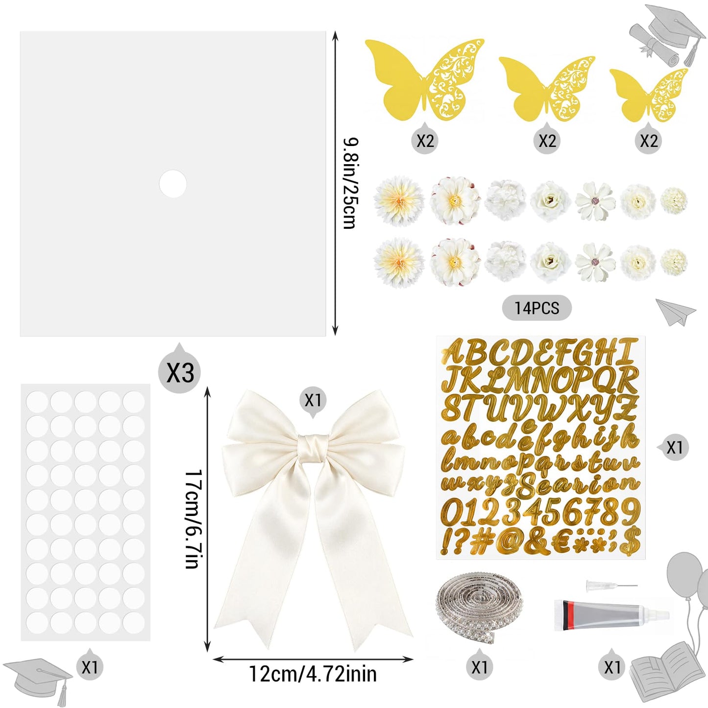 Vicenpal 29 Pcs Graduation Cap Decorations Kit DIY Grad Construction Paper with Artificial Flower Pearl Rhinestone Ribbon 3D Butterfly Alphabet Letter Stickers Satin Bow for Grad Cap DIY(Cream)