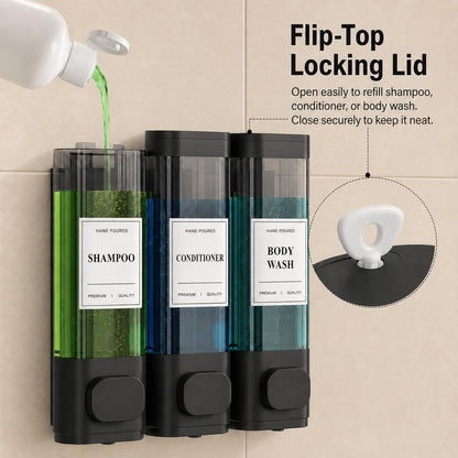 Shampoo and Conditioner Dispenser – Wall-Mounted Shower Soap Dispenser, No-Drill Installation, Lockable, 900 ml Capacity,for Bathroom & Hotel or Airbnb (Black, 3-Pack)