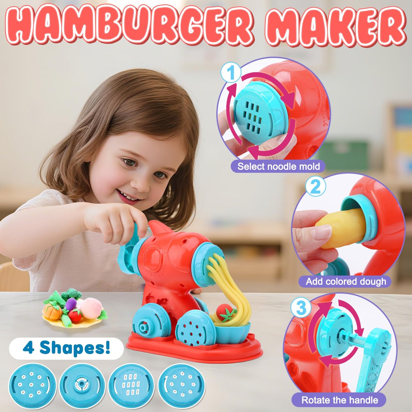 Crelloci 4 in 1 Color Dough Kitchen Creations Set, Ice Cream Noodle Hamburger Cake Maker Machine, Art Crafts Food Modeling Play Toys, Tools Kit for Boys Girls Kids Toddlers Ages 3+ (24 Colors Dough)