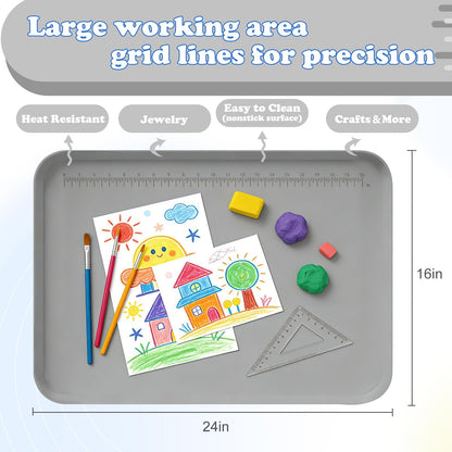 Silicone Art Mat for Crafts, 24" x 16" Silicone Craft Mat with Raised Sides to Stay Tidy, Play Sand, Painting, Slime, Legos, Resin & Jewelry-Making, DIY Crafts Mat (Grey)