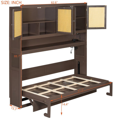 DNYN Murphy Bed Frame with Top Cabinet and LED for Bedroom/Guest/Study Room, Twin Size Wooden Foldable Wall Bed with USB Ports, Space-Saving Design & No Box Spring Needed