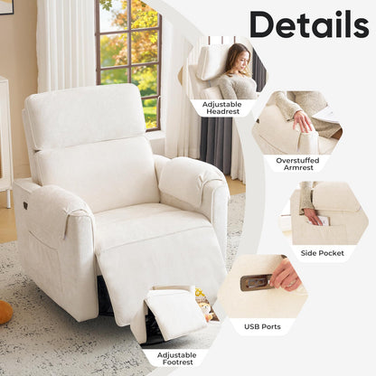 Rhevoy Oversized Power Rocker Recliner Chair, 26" Extra Wide Swivel Recliner with Adjustable Headrest, Chenille Glider Rocking Nursery Chair with Overstuffed Armrest, USB Ports, Cream