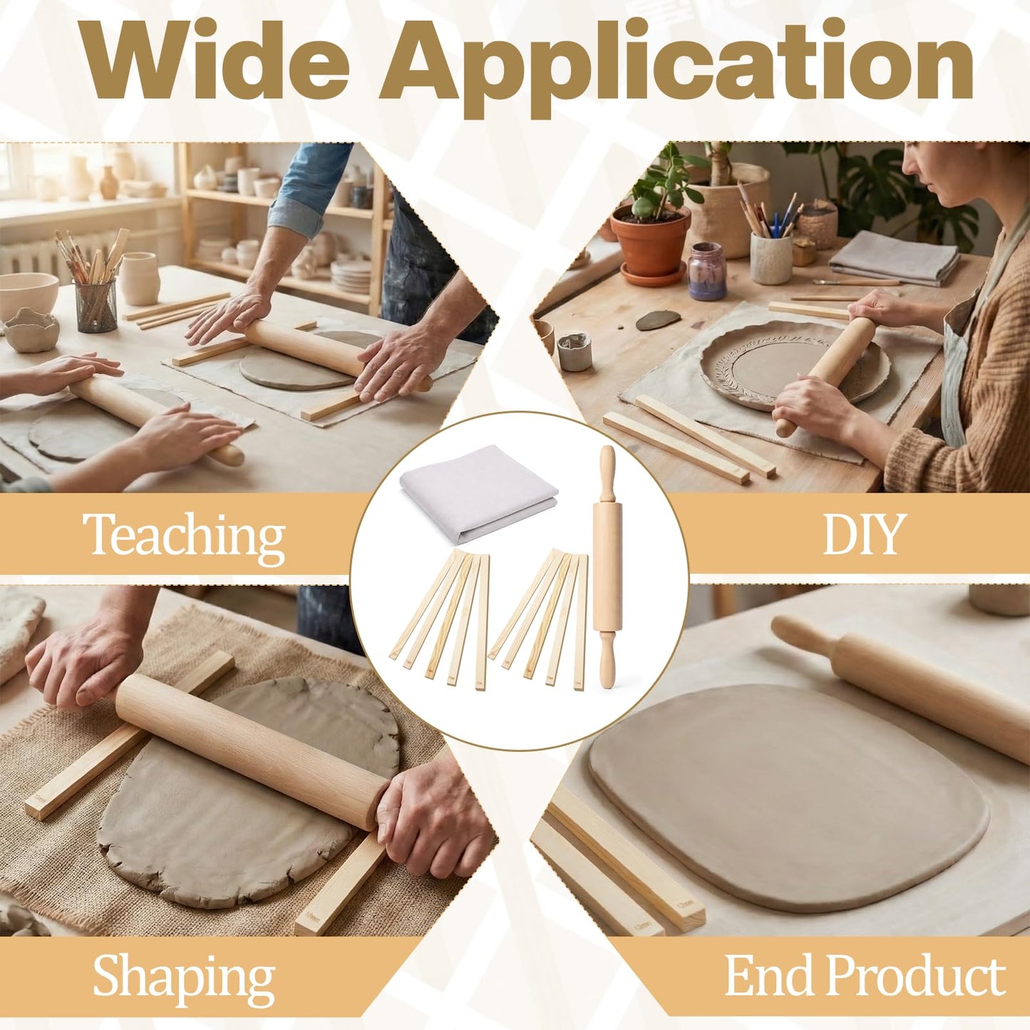 IMengjbang 12 Pcs Pottery Tools Set, Wooden Clay Rolling Pin with 5 Size Thickness Guides, Linen Tablecloth for Ceramic Pottery Making, Clay Roller for Crafts
