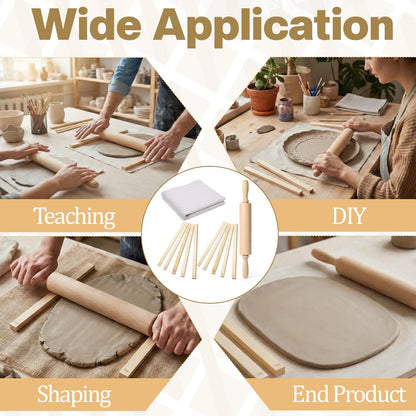 IMengjbang 12 Pcs Pottery Tools Set, Wooden Clay Rolling Pin with 5 Size Thickness Guides, Linen Tablecloth for Ceramic Pottery Making, Clay Roller for Crafts