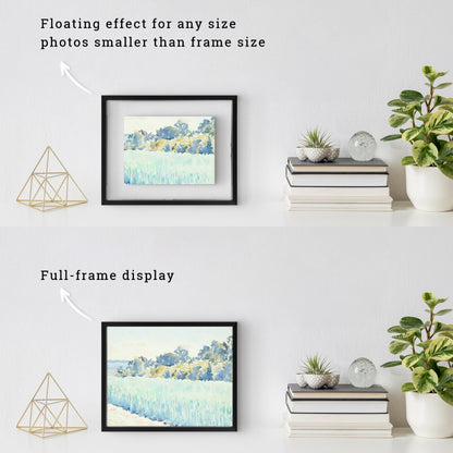 Frametory, Floating Picture Frames Set - Black Metal Photo Frames - Real Glass - Displays One 11x14, Two 8x10, And Four 5x7 Inch Photos for Home Decoration