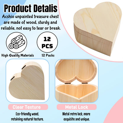 Acshio 12 Pack Unfinished Wood Heart Box, Unpainted DIY Treasure Chest with 10 Pcs Paint Brushes, Wooden Heart Shaped Storage Box Jewelry Box with Lid for Art Craft Painting Making Christmas
