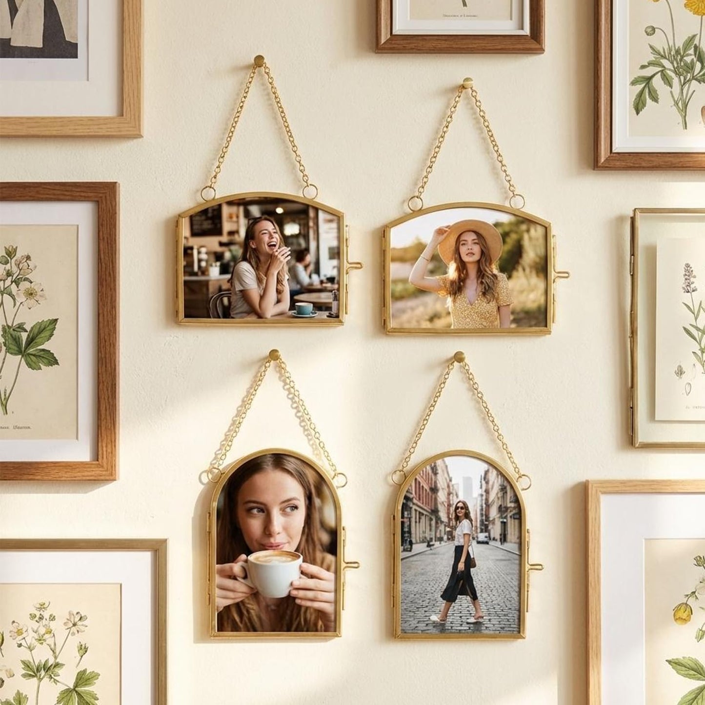 FOCHIER 4 Pcs Double Glass Frame for Pressed Flowers Floating Hanging Photo Frame 3x2 in Brass Clear Pressed Flower Decor with Chain for Display Gallery Artwork, Horizontal Vertical, Gold