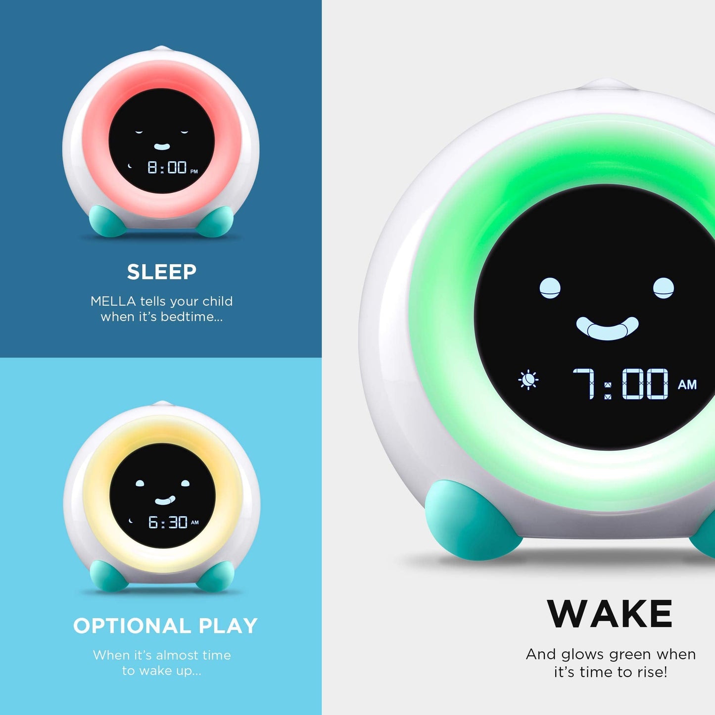 LittleHippo Mella: Ready to Rise Children's Sleep Trainer, Night Light, Sound Machine and OK to Wake Alarm Clock for Toddlers and Kids - Arctic Blue