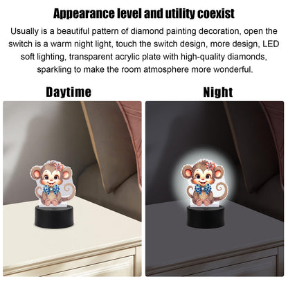 JZHYOAN Monkey Diamond Painting Night Light DIY Gem Painting Table Lamp Diamond Art Table Lamp Gift Light up Art Ornaments for Table Desk Bedroom Mosaic Cross-Stitch Set for Adult