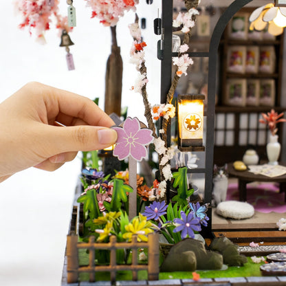 Plustopoy DIY Miniature House Kit, 3D Wooden Dollhouse with LED Lights, Creative Book Nook Kit for Home Decor, Japanese Sakura Greenhouse Miniature Room Kit Craft Building Model Gift for Women