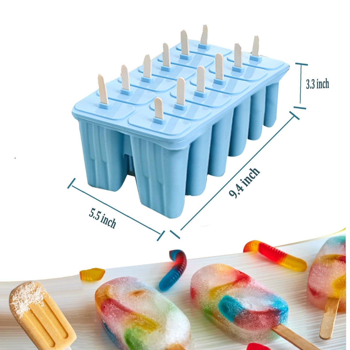 Silicone Popsicle Molds with Sticks Wpunwen 12 Cavity Ice Popsicle MoldsIce Cream Mold with Clean Brush 12 Reusable Sticks 50 Sticks 50 Bags Blue