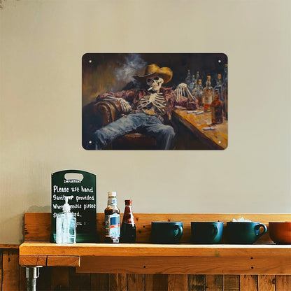 Metal Sign Poster 8x12 Inch Wild West Skeleton Cowboy in A Bar Oil Painting Print Western Wall Art Road Trip Gift Southwestern Art Decor