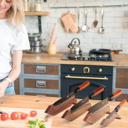 FINDKING Kitchen Knife Set with Individual Wooden Blocks, 4 Japanese Knives with Walnut Edge Guards, High Carbon Steel Blades, for Meat, Fruits, Vegetables, Dynasty Series